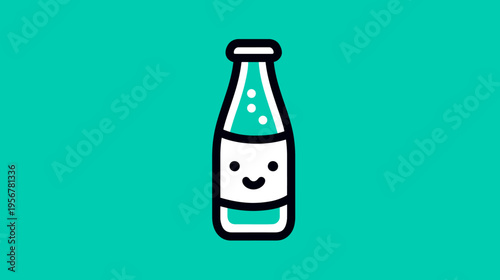 A smiling soda bottle illustration on a teal background. The bottle has a happy face