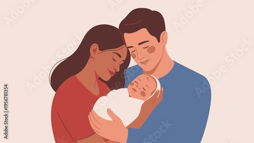 Parents holding newborn baby smiling illustration