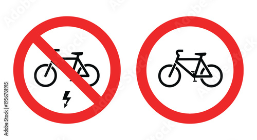 Vector illustration of road signs prohibiting electric bicycles while allowing traditional bikes.