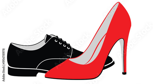 Vector illustration contrasting a classic black men's dress shoe with a vibrant red high-heeled pump design.