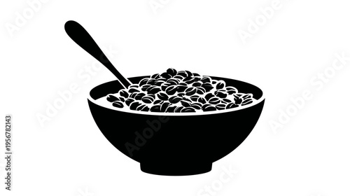 A black and white graphic depicting a bowl filled with what appears to be cereal and a spoon