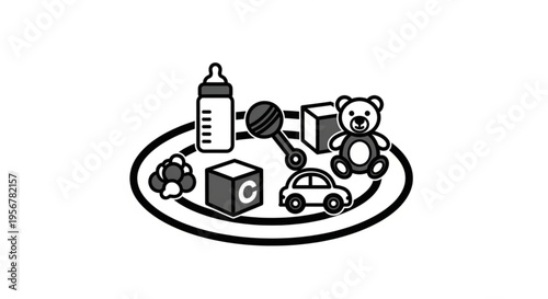 Baby items on a plate including a teddy bear toy car blocks and bottle for nursery or parenting concepts