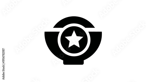 Black and white emblem of a star inside a circle, framed in a stylized shape