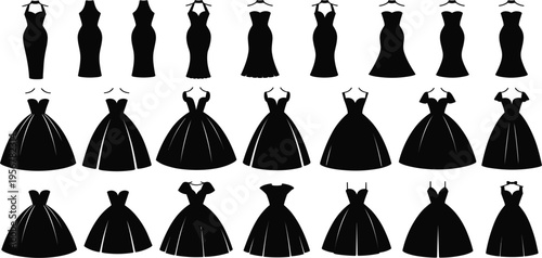 Assortment of black silhouette formal dresses and ballgowns on a white background Keywords: dress, gown, formal wear, evening