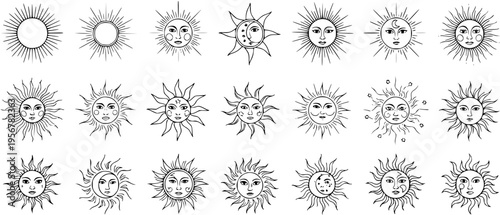 Sun Illustrations Set: Hand-Drawn Celestial Bodies with Faces and Crescent Moons