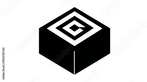 Geometric, stylized shape, featuring a layered design. Central focus contains an "C" inside a squared diamond