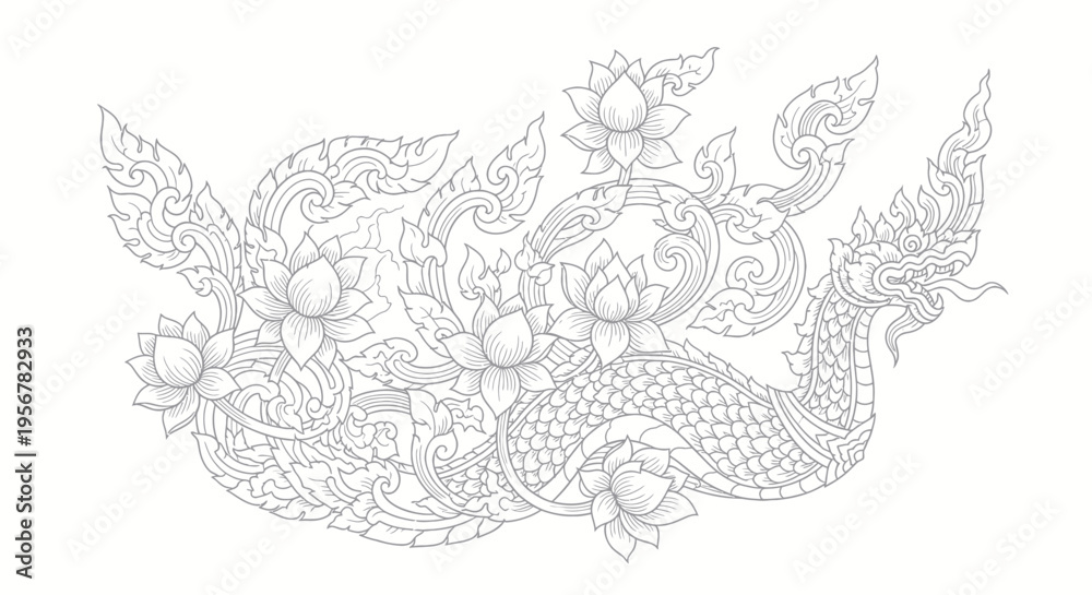 Obraz premium Thai Naga Serpent and Lotus Flower Line Art Design