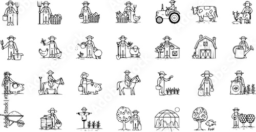 Hand Drawn Farming and Agriculture Icons Set: Farmers, Livestock, Crops, Tools, and Farm Buildings in Doodle Line Art Style