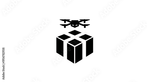 A black drone hovering above a geometric structure composed of cubes on a plain white background