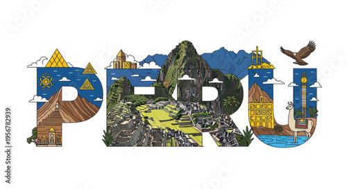 Peru Text Art: Machu Picchu, Llamas, Mountains, Culture & Landmarks