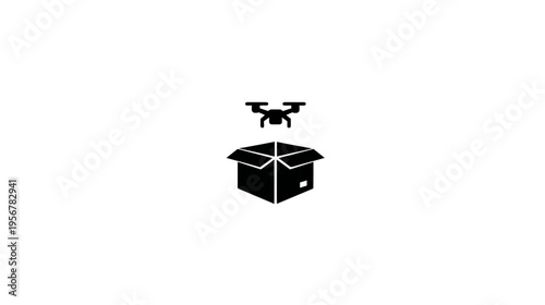Black graphic of a drone over a cardboard box, depicting delivery or shipping