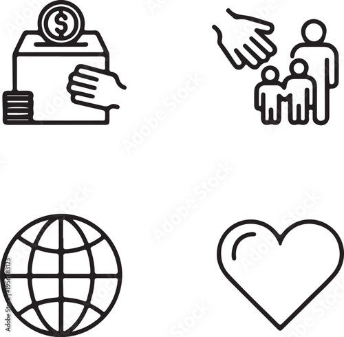 Donation box and community support line icon set for charity foundation representing social help and humanity
