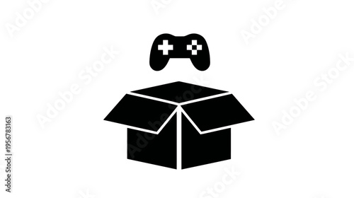 A black and white illustration of a game controller floating over an open cardboard box