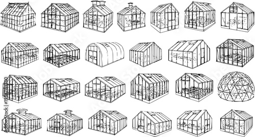 Hand-Drawn Sketch Illustration of Various Greenhouses and Glasshouses, a Collection of Architectural Designs for Gardening and Horticulture