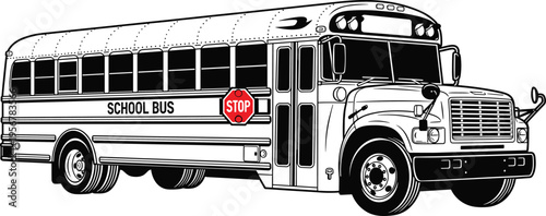 School bus illustration with stop sign, student transportation vehicle, education transport concept, safe driving, road safety, isolated black white design