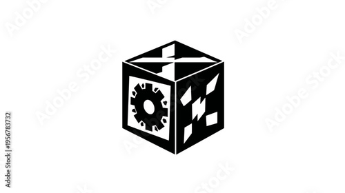 Black and white geometric cube with gear on one side, abstract designs, and a white background