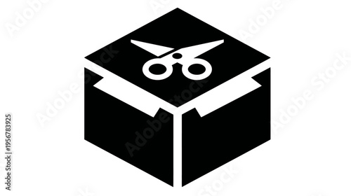 A geometric illustration of a box with scissors. It features a dark, hexagonal shape