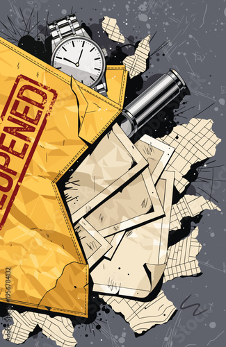 A yellow envelope with evidence and a watch on a gray background
