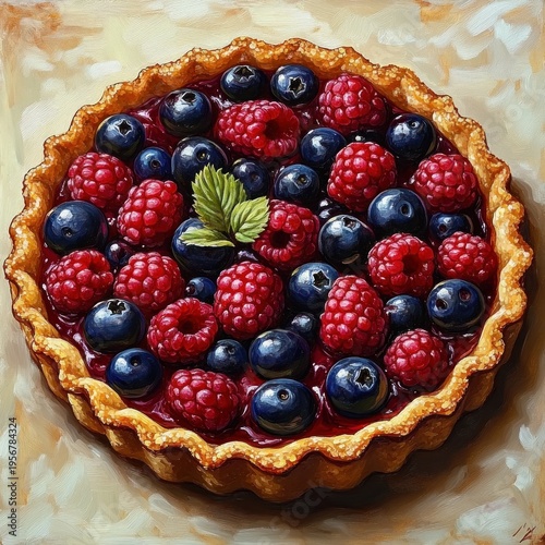Glossy mixed berry tart with raspberries and blueberries in a golden scalloped crust, fresh green leaf garnish, inviting and indulgent