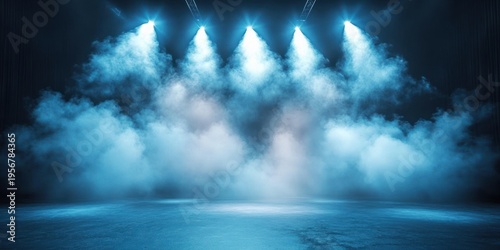 Empty stage bathed in cool blue spotlights and swirling fog, dramatic mysterious anticipatory atmosphere