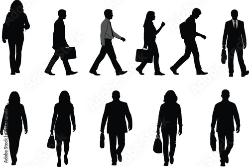 business people walking silhouettes set, office workers with briefcase and bags, professional lifestyle movement, isolated black vector illustration collection pack
