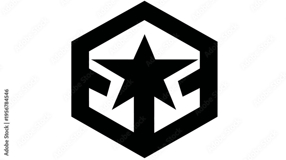 Obraz premium Black and white geometric logo featuring a star within a hexagonal frame, with arrow elements