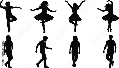 dance silhouettes set, male and female dancers poses, ballet modern dance collection, movement performance art, isolated black silhouettes illustration pack