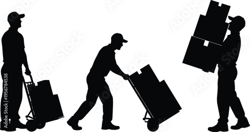 Delivery worker silhouettes set courier carrying boxes pushing trolley logistics service vector illustration isolated shipping transport job concept