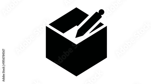 Black graphic of a box with a pen inside it. The pen is writing or drawing