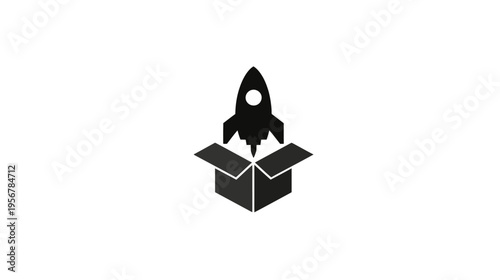 Black rocket emerging from an opened box. The graphic is set against a pure white background