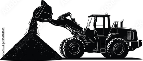 Wheel loader dumping soil silhouette, construction machinery working, heavy equipment concept, excavation process, industrial vehicle, isolated black white illustration design