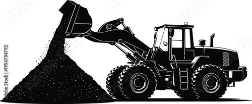 Wheel loader pouring gravel silhouette, construction machinery operation, heavy equipment working, earth moving process, industrial vehicle, isolated black white illustration design