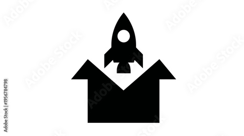 Black silhouette of a rocket launching from a box with arrows pointing upwards, on a white background