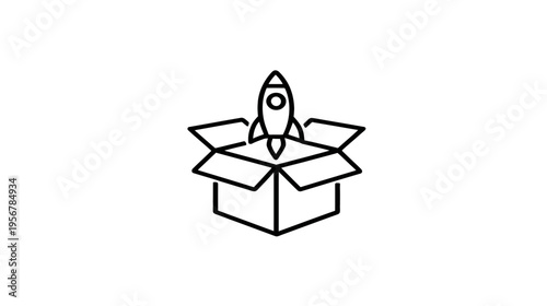 Line drawing of a rocket taking off from a box with open flaps, all in black
