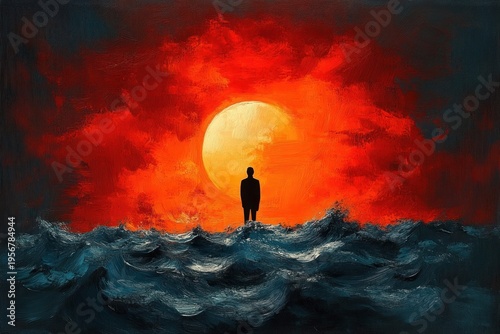 Solitary silhouette standing on turbulent ocean waves beneath a giant glowing sun and fiery red sky, evoking solitude, awe, and melancholy