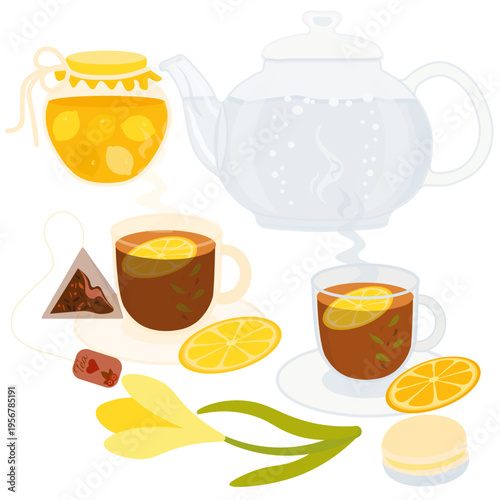 Set of tea party elements with flowers, teapot and mugs, drawing, tea party, cute, creative vector illustration of food in transparent tableware.
