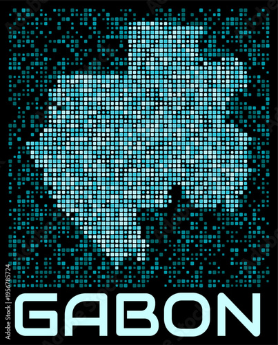 Gabon digital dotted map. Shape of the country in cyan color palette on dark background. Futuristic Gabon map design. Vector illustration.