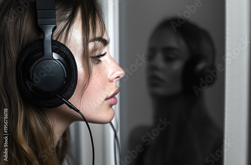 Close-up portrait of a person wearing over-ear headphones in a dim studio, with a blurred grayscale figure in the background, conveying calm focus and privacy.