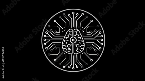 A stylized brain encircled by a circuit board design against a solid black backdrop