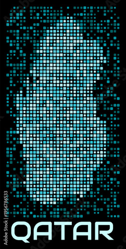Qatar digital dotted map. Shape of the country in cyan color palette on dark background. Futuristic Qatar map design. Vector illustration.