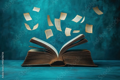 open antique book with loose pages flying upward against a teal backdrop, evoking wonder, imagination and the magic of storytelling