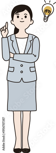 シンプルな線画のビジネスウーマン　イラスト（ひらめき、電球）