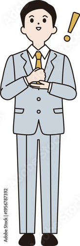 シンプルな線画のビジネスマン　イラスト（ひらめき、びっくりマーク）　ベクター