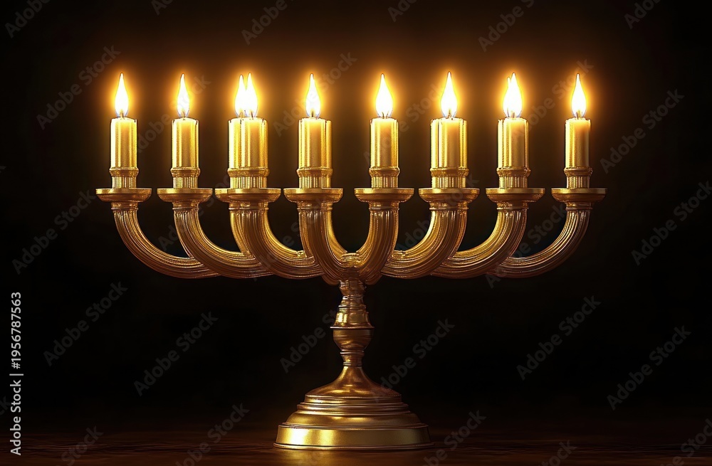 Fototapeta premium golden nine-branched menorah with nine lit candles casting a warm glowing light on a dark background, serene and reverent atmosphere
