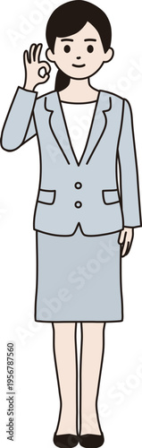 シンプルな線画のビジネスウーマン　イラスト（指でOKポーズ）　ベクター