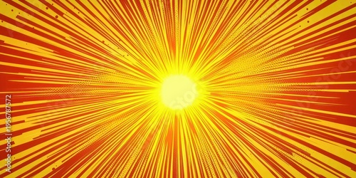 bright glowing yellow center with red and orange comic-style radial rays and halftone dots conveying energetic explosive impact