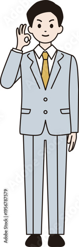 シンプルな線画のビジネスマン　イラスト（指でOKポーズ）　ベクター
