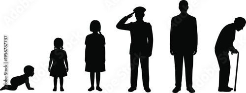 Black Silhouettes Representing Human Life Stages From Baby To Elderly Person vector illustration