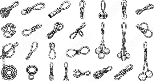 Hand-drawn Set of Various Rope Knots, Loops, Coils, and Marine Objects in Doodle Style, Perfect for Nautical Themes and Maritime Designs