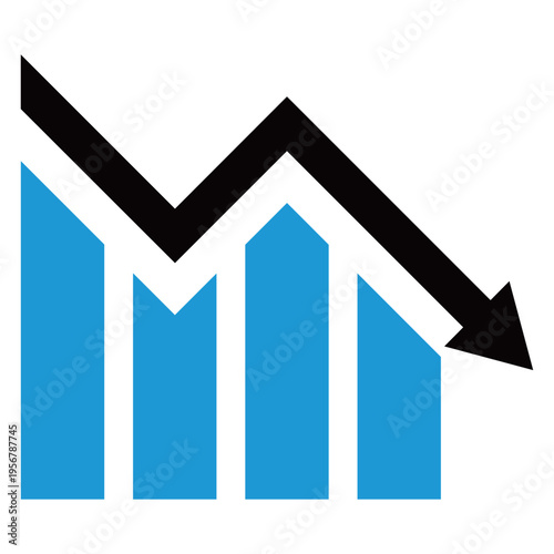 棒グラフと下降矢印が重なるビジネスアイコン（2色・青・右肩下がり・減少・損失・リスク）